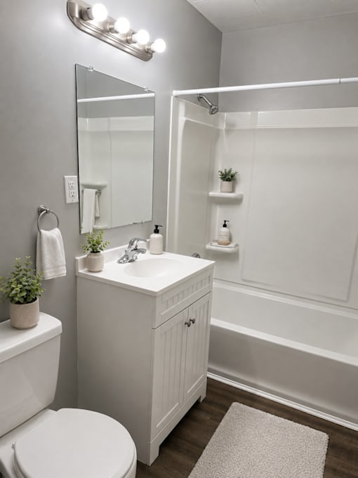 A white bathroom with a toilet, sink, and mirror.