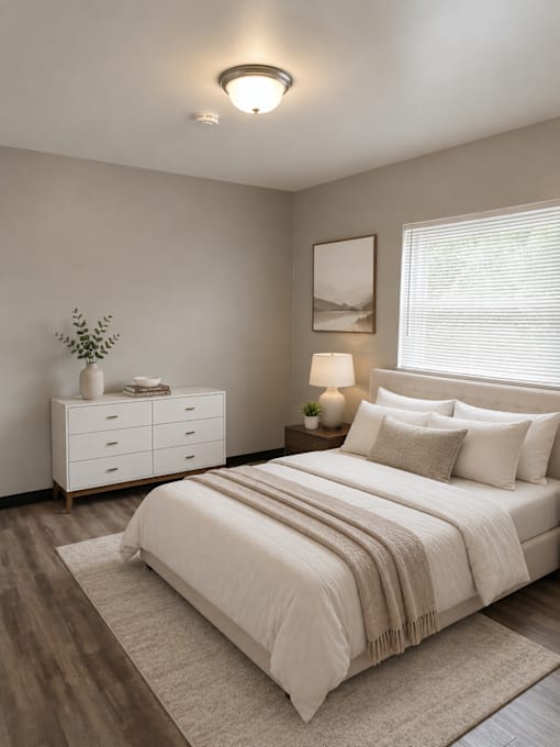 A bedroom with a bed, nightstand, and a dresser.