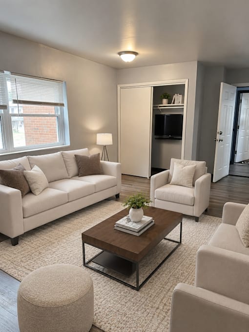 A living room with a white sofa, a white chair, a brown coffee table, and a white rug.
