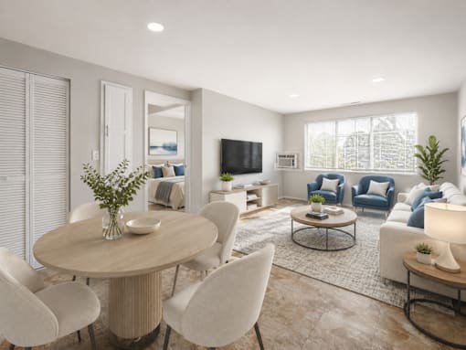 A modern living room with a round table and chairs.