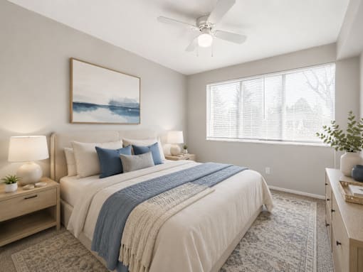 A bedroom with a bed, a ceiling fan, and a painting on the wall.