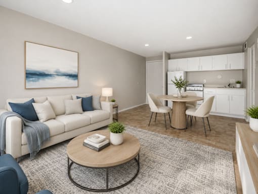 A modern living room with a white sofa, a coffee table, and a painting on the wall.