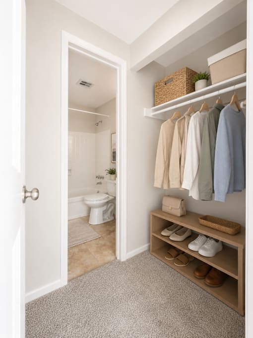 A white door opens to a bathroom and a closet with clothes and shoes.