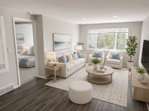 A modern living room with white furniture and a large window.