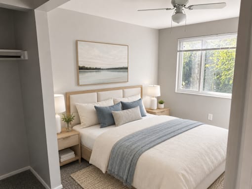A bedroom with a large bed and a painting on the wall.
