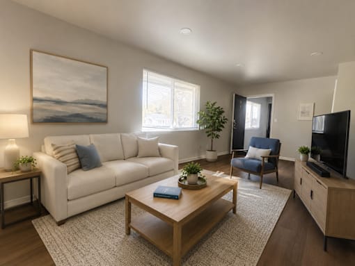 A living room with a white couch, a blue chair, a wooden coffee table, and a painting on the wall.