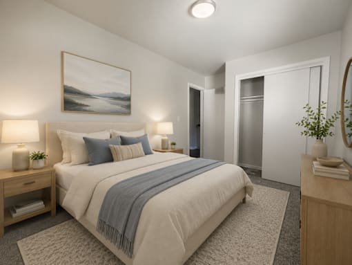 A bedroom with a large bed and a painting on the wall.