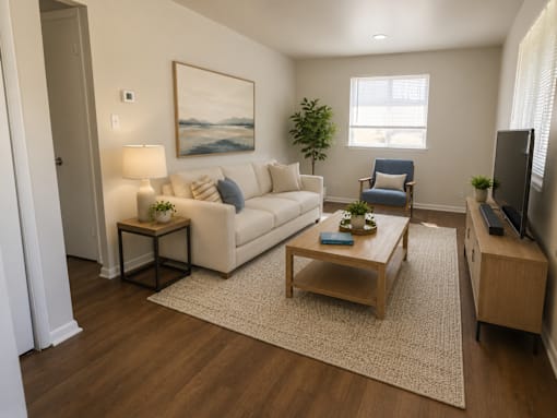 A living room with a white couch, a blue chair, a lamp, and a painting on the wall.