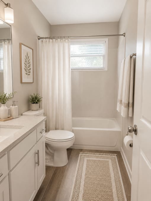 A white bathroom with a toilet, sink, and bathtub.