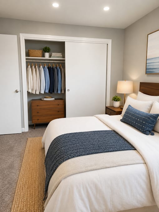 A bedroom with a bed, nightstand, and a closet with clothes hanging.