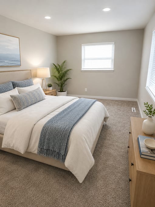 A bedroom with a large bed and a window.