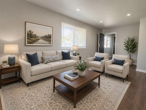 A living room with a large couch, two chairs, a coffee table, and a painting on the wall.