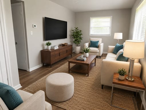 A living room with a large flat screen TV mounted on the wall.