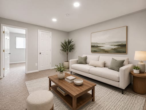 A living room with a couch, a coffee table, and a painting on the wall.