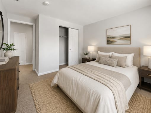 A bedroom with a large bed and a painting on the wall.