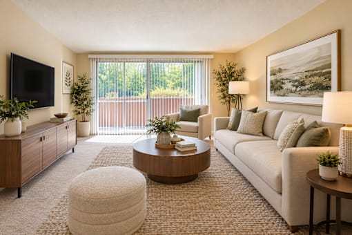 A living room with a couch, a coffee table, and a television.