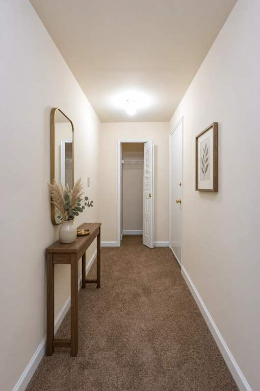 A hallway with a brown carpet and white walls.