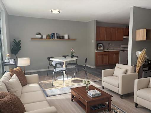 A modern living room with a dining table and chairs. at The Langston Views, Washington, DC