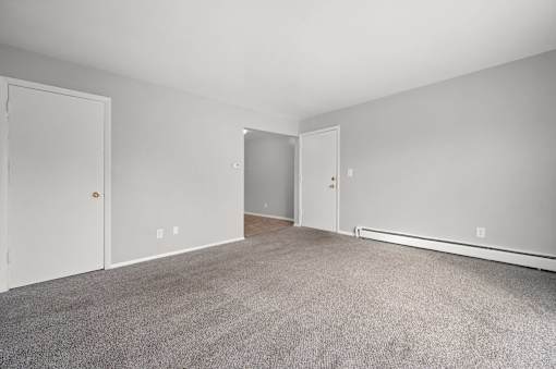 A room with a carpeted floor and two doors.