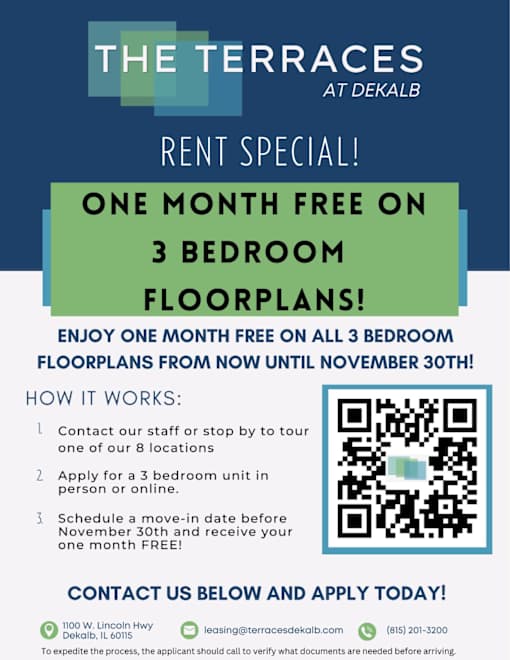 A promotional flyer for The Terraces at DeKalb advertising a rent special.