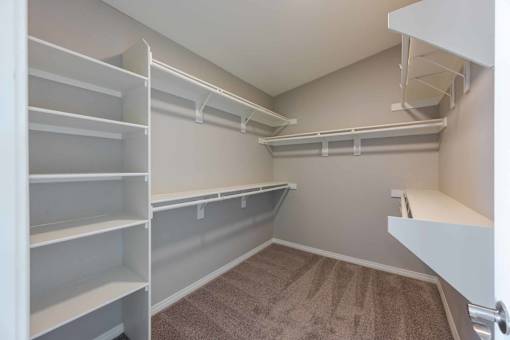A walk-in closet with white shelving and a carpeted floor.
