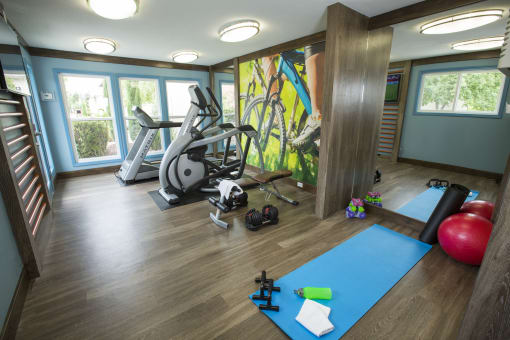 fitness center with a yoga mat and exercise ball, elliptical and treadmill at Abby Creek Apartments, Carmichael, CA 