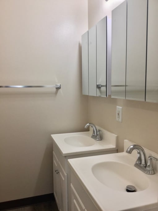 Bathroom with two sinks and a mirror