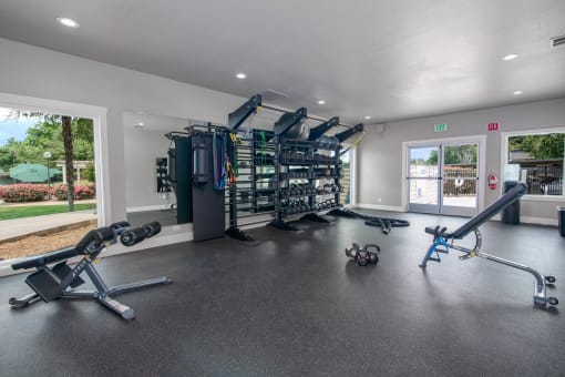 Fitness Center with large windows at Rivercrest Apartments, Sacramento, CA 