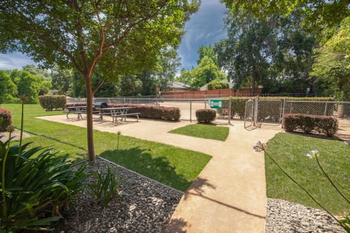 Picnic tables near the pet park at Willow Grove Apartments, Sacramento, CA 95825