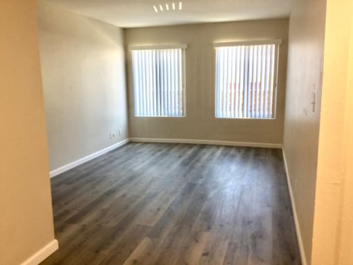 Living room with wooden floors and two windows
