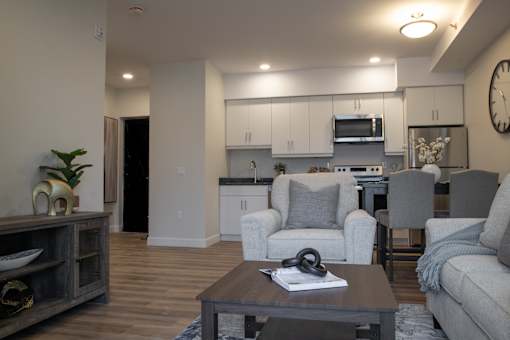 A living room with a grey couch, a coffee table, and a kitchen in the background.