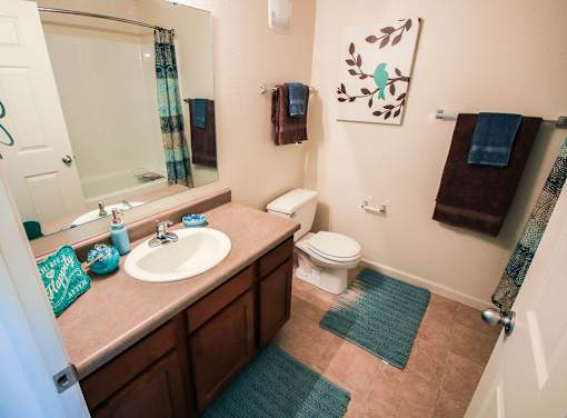 A bathroom with a toilet, sink, and mirror.
