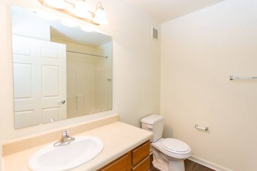 A white toilet sits next to a sink in a bathroom.