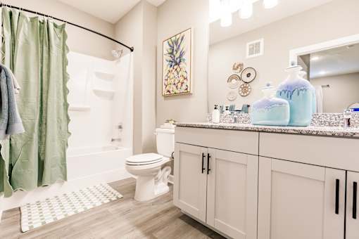 a bathroom with a shower and a toilet and a sink