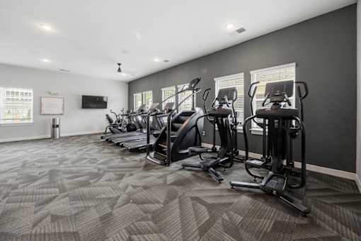 A gym with treadmills and elliptical machines.