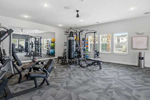 A gym with a variety of equipment including a bench press, a squat rack, and a leg press machine.