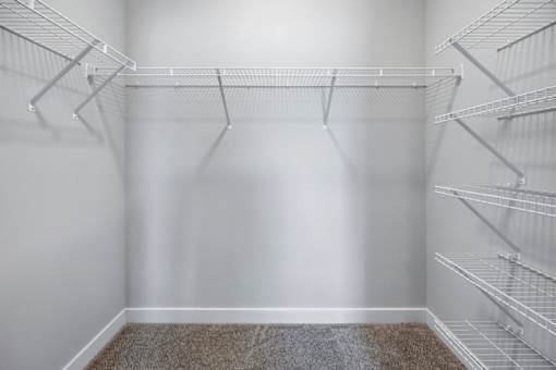 Empty pantry with shelves and a carpeted floor.