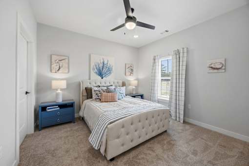 A bedroom with a large bed, a ceiling fan, and a nightstand with a lamp.