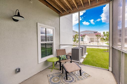 a screened-in patio with a table and chairs and screened