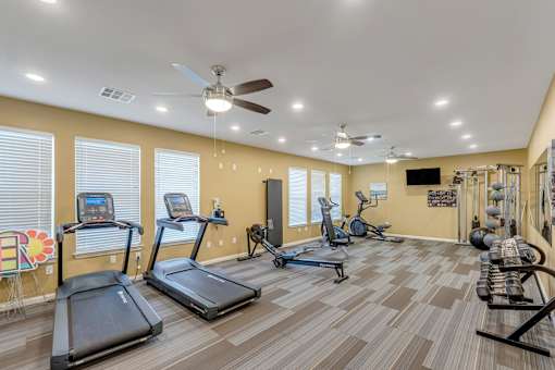 A spacious gym with treadmills, elliptical machines, and a fan.