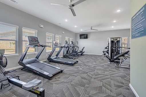 A gym with treadmills, elliptical machines, and a weight rack.