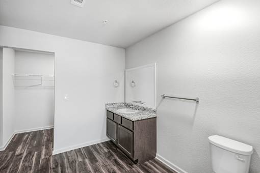 A bathroom with a toilet, sink, and a wooden floor.