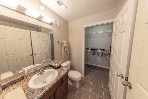 A bathroom with a sink, toilet, and a mirror.