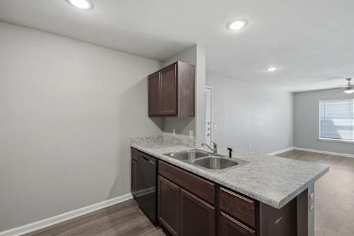 A kitchen with a sink, dishwasher, and cabinets.