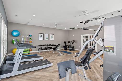A well-equipped home gym with treadmills, exercise balls, and weight machines.