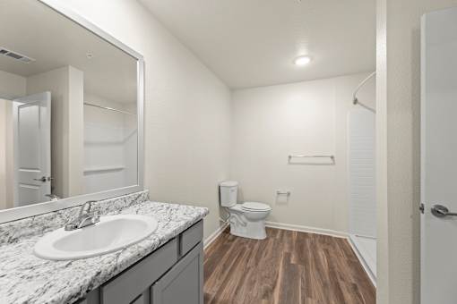 A bathroom with a marble countertop and wooden flooring.
