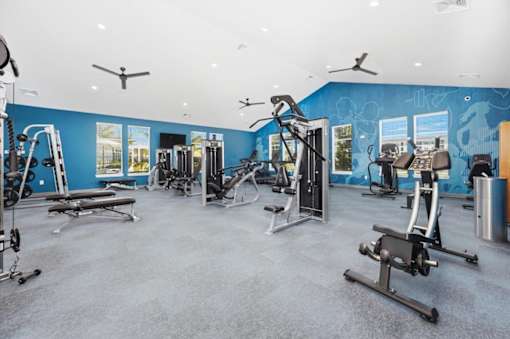A gym with a variety of equipment including weights and cardio machines.