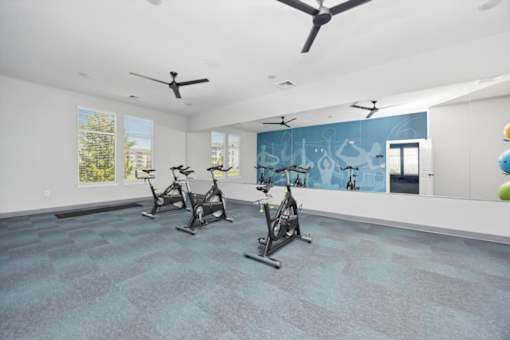 A room with exercise bikes and a wall mural.