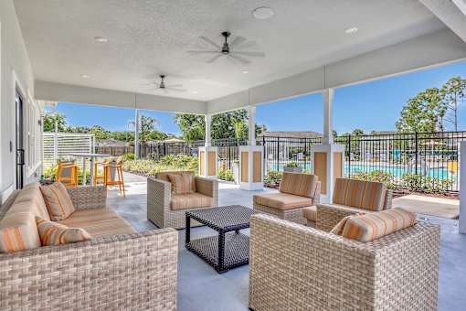 A patio with a pool in the background.