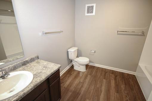 A bathroom with a toilet, sink, and wooden floors.